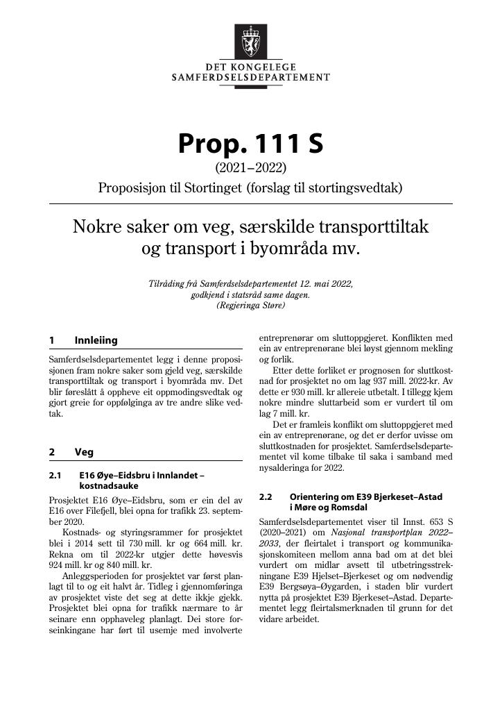 Forsiden av dokumentet Prop. 111 S (2021–2022)