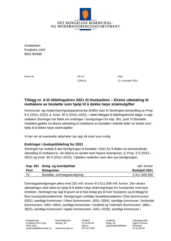 Forsiden av dokumentet Tildelingsbrev 2021 Husbanken - tillegg nr. 6