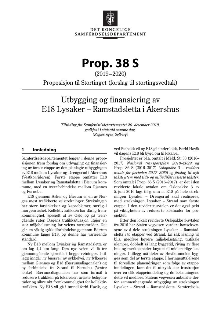 Forsiden av dokumentet Prop. 38 S (2019–2020)