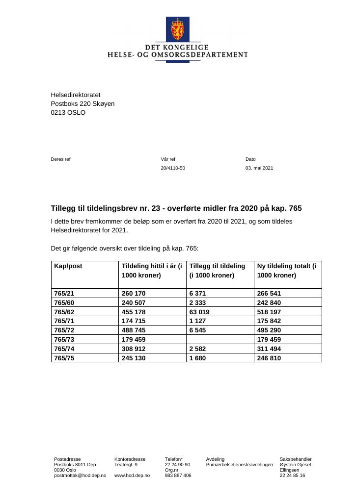 Forsiden av dokumentet Tildelingsbrev Helsedirektoratet 2021 - tillegg nr. 23
