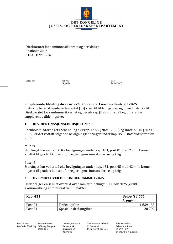 Forsiden av dokumentet Tildelingsbrev Direktoratet for samfunnssikkerhet og beredskap 2025 - tillegg nr. 2