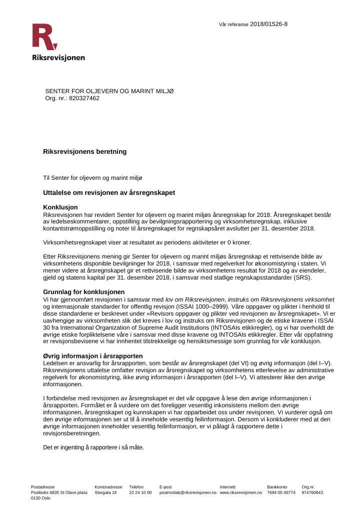 Forsiden av dokumentet Riksrevisjonens beretning