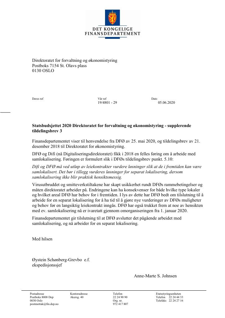Forsiden av dokumentet Tildelingsbrev DFØ 2020 - tillegg nr. 3