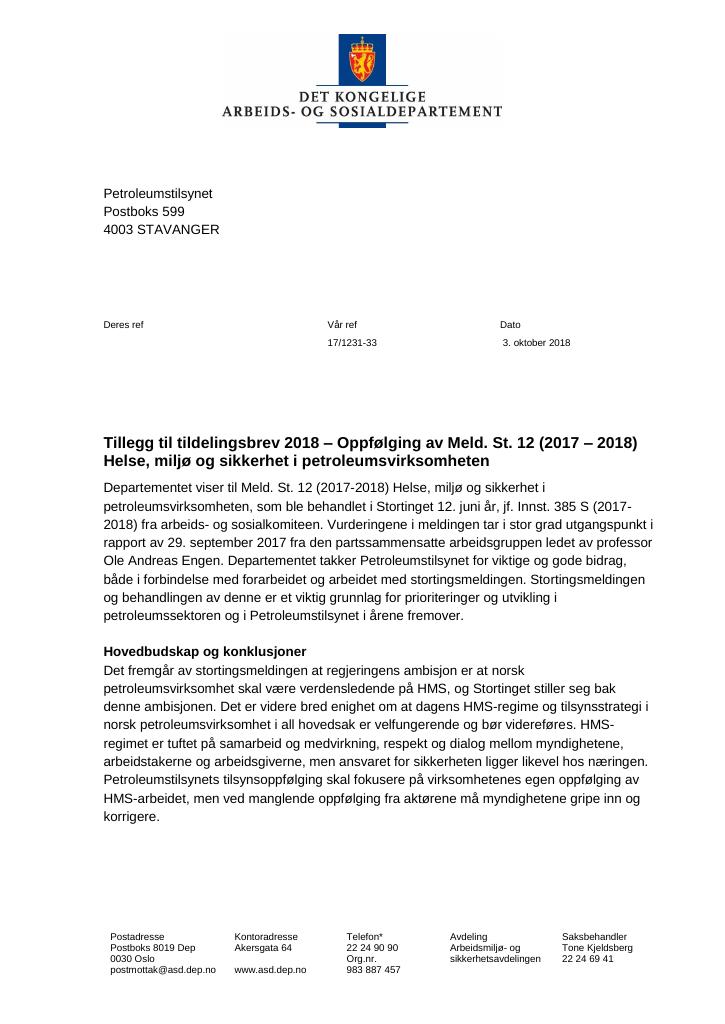 Forsiden av dokumentet Supplerende tildelingsbrev nr. 4 Petroleumstilsynet 2018