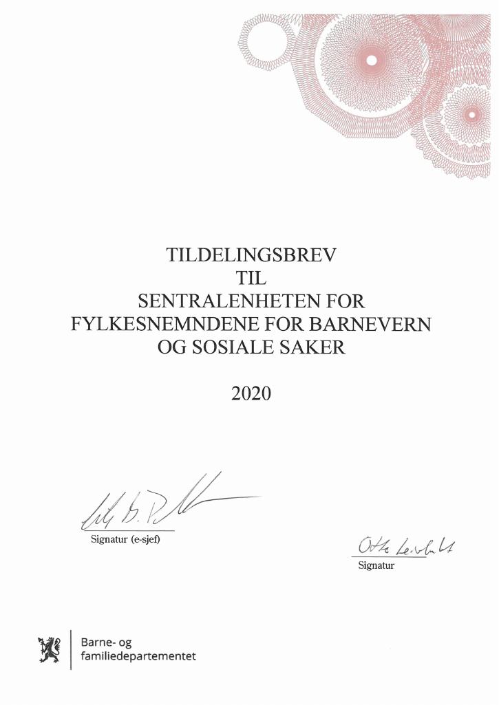 Forsiden av dokumentet Tildelingsbrev Fylkesnemndene for barnevern og sosiale saker 2020