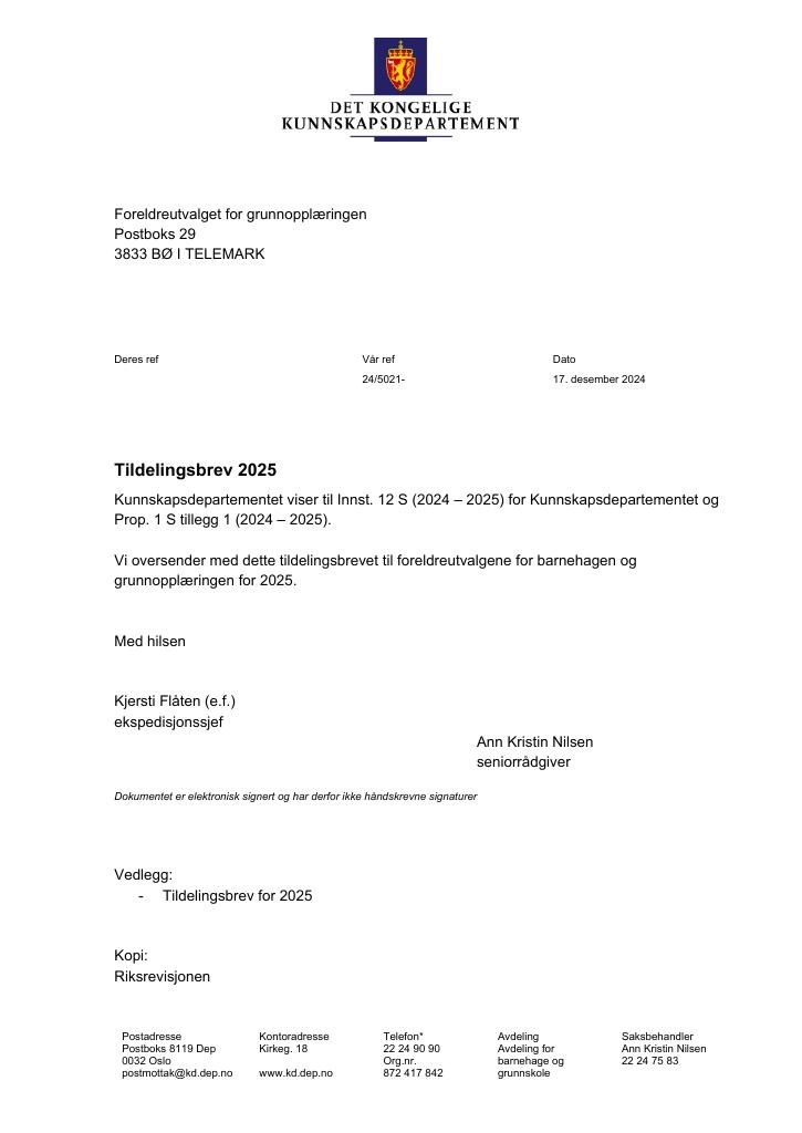 Forsiden av dokumentet Tildelingsbrev Foreldreutvalget for grunnopplæringen og Foreldreutvalget for barnehager (FUG/FUB) 2025