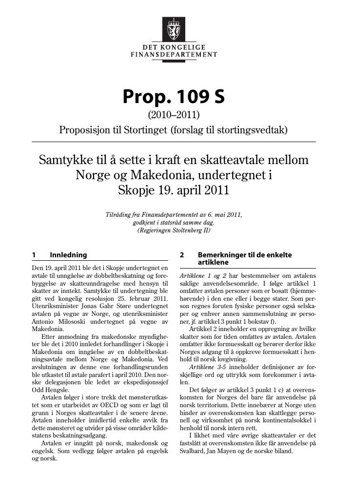 Forsiden av dokumentet Prop. 109 S (2010–2011)