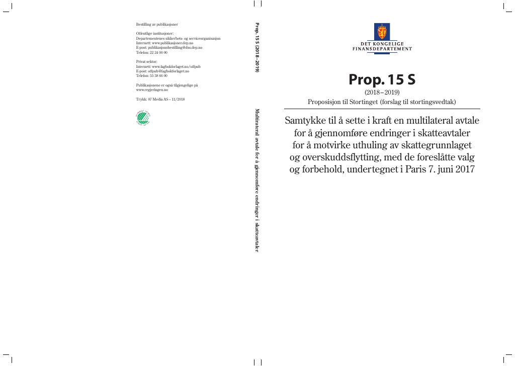 Forsiden av dokumentet Prop. 15 S (2018–2019)