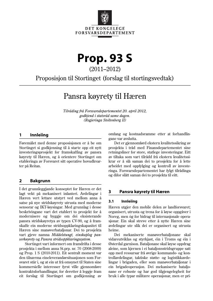 Forsiden av dokumentet Prop. 93 S (2011–2012)