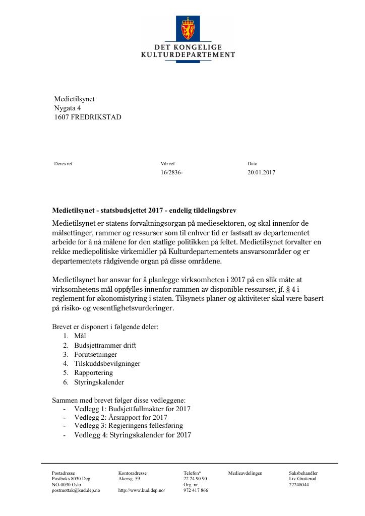 Forsiden av dokumentet Tildelingsbrev (.pdf)