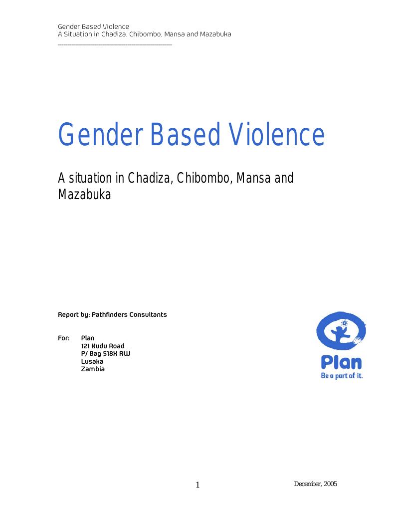 Forsiden av dokumentet Gender Based Violence – A situation in Chadiza, Chibombo, Mansa and Mazabuka