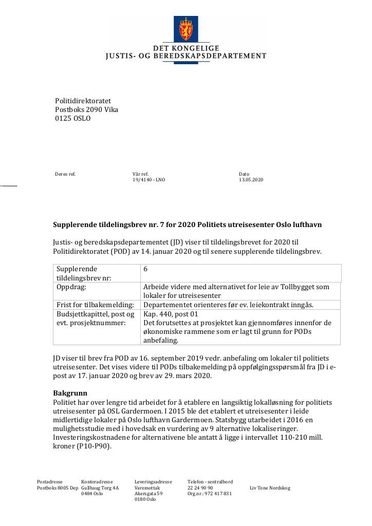 Forsiden av dokumentet Supplerende tildelingsbrev Politidirektoratet 2020 - tillegg nr. 7