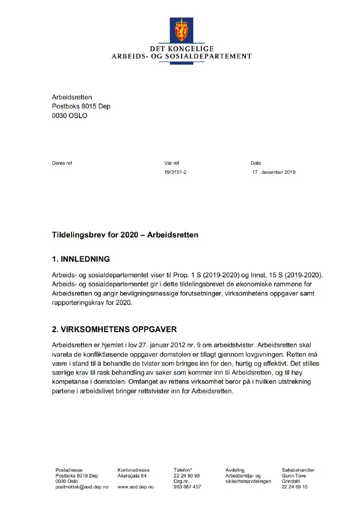 Forsiden av dokumentet Tildelingsbrev Arbeidsretten 2020