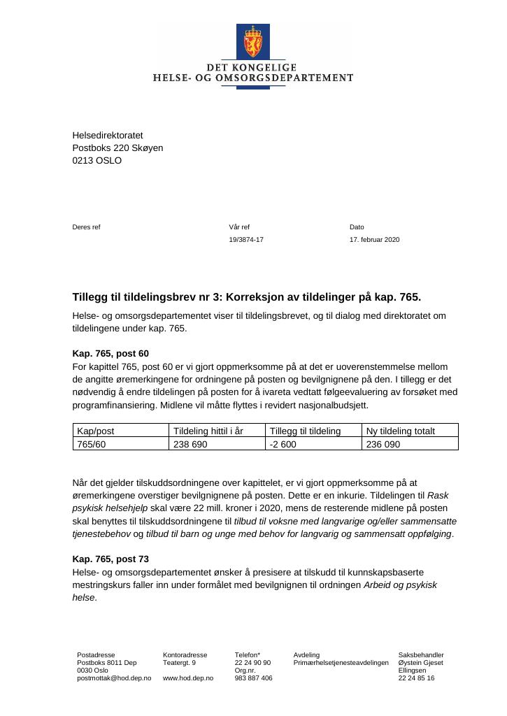 Forsiden av dokumentet Tildelingsbrev Helsedirektoratet 2020 - tillegg nr. 3