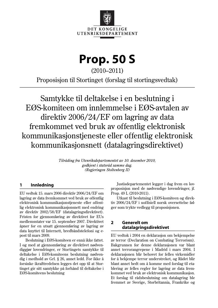 Forsiden av dokumentet Prop. 50 S (2010–2011)