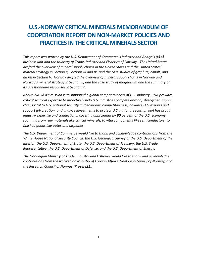 Forsiden av dokumentet U.S.-NORWAY CRITICAL MINERALS MEMORANDUM OF COOPERATION REPORT ON NON-MARKET POLICIES AND PRACTICES IN THE CRITICAL MINERALS SECTOR