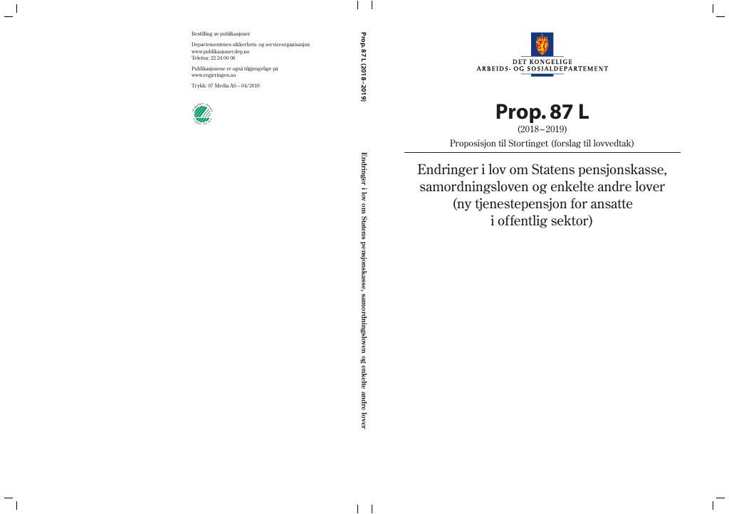 Forsiden av dokumentet Prop. 87 L (2018–2019)