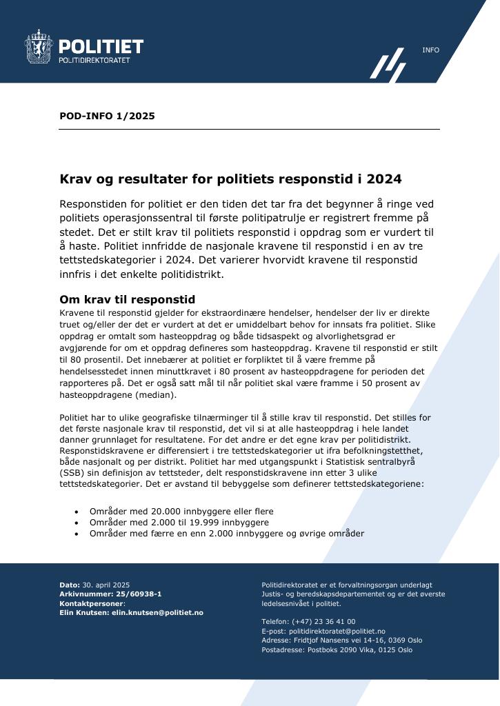 Forsiden av dokumentet Krav og resultater for politiets responstid i 2024