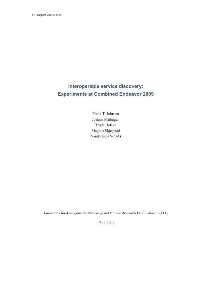 Forsiden av dokumentet Interoperable service discovery : experiments at Combined Endeavor 2009