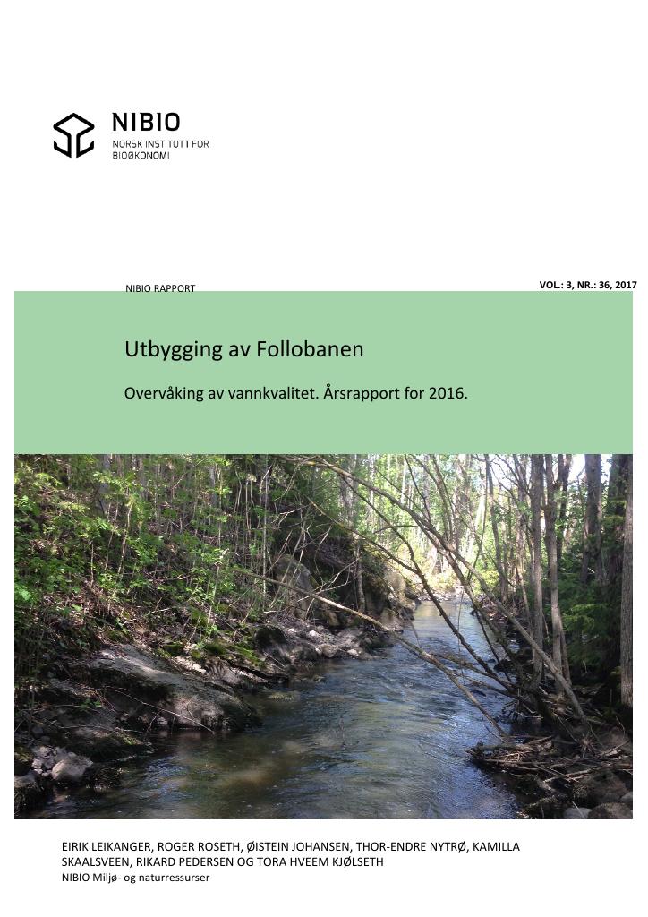 Forsiden av dokumentet utbygging av Follobanen. Overvåking av vannkvalitet. Årsrapport for 2016.