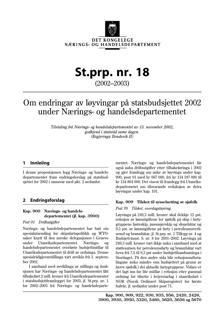 Forsiden av dokumentet St.prp. nr. 18 (2002-2003)