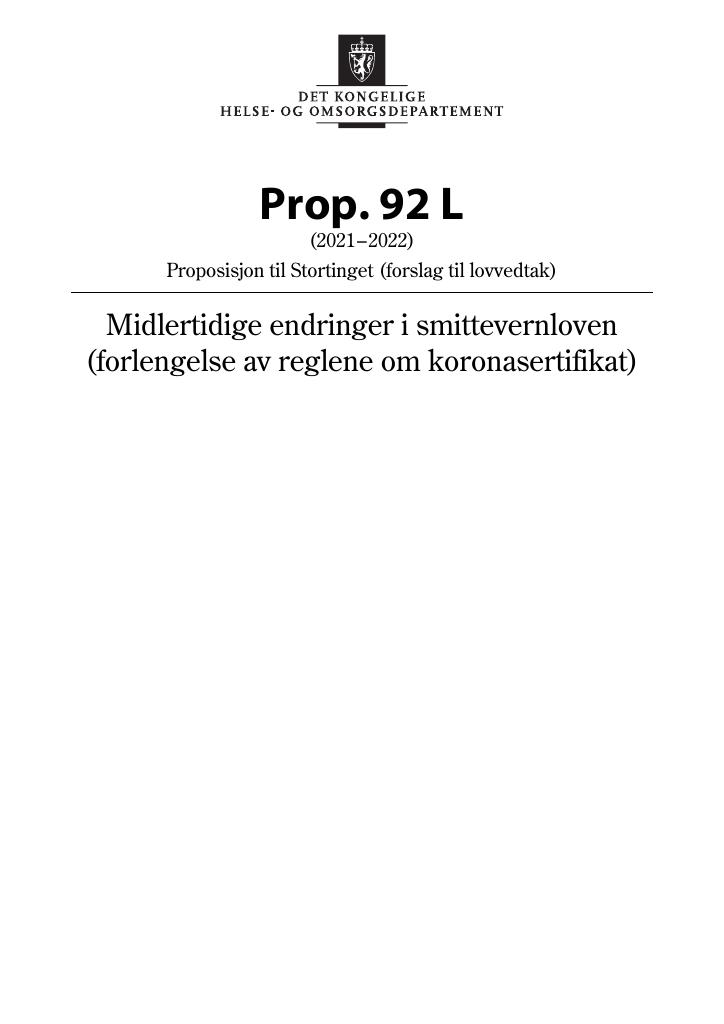 Forsiden av dokumentet Prop. 92 L (2021–2022)