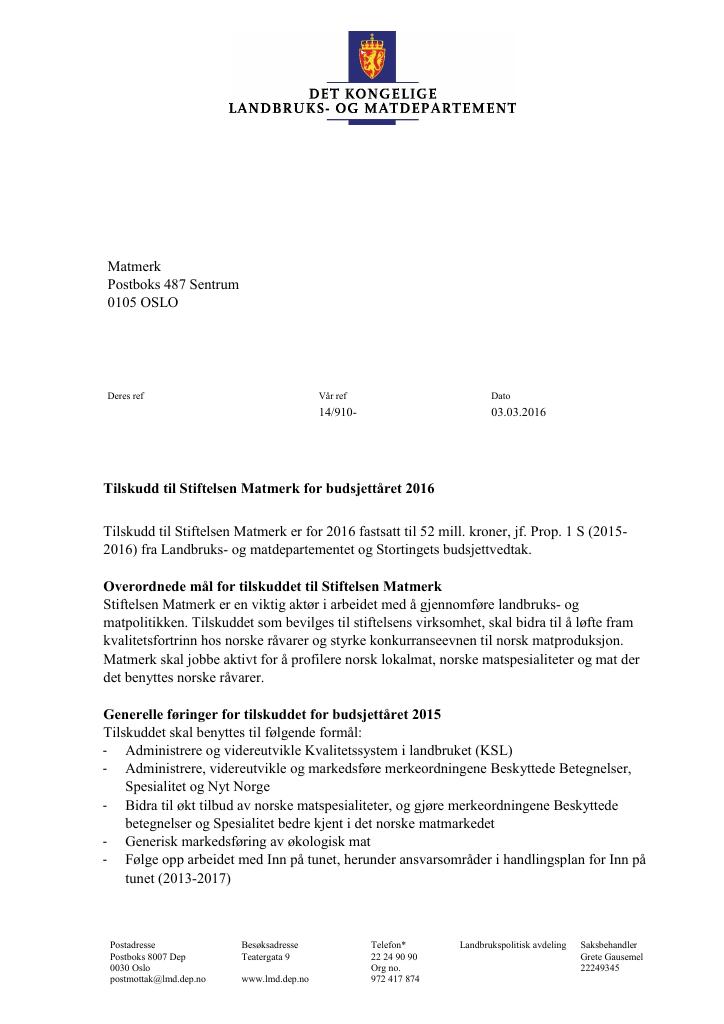 Forsiden av dokumentet Tilskudd til Stiftelsen Norsk Mat 2016