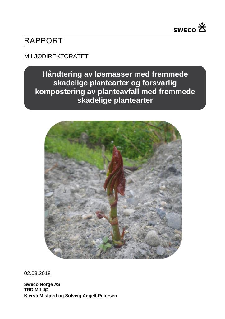 Forsiden av dokumentet Håndtering av løsmasser med fremmede skadelige plantearter og forsvarlig kompostering av planteavfall med fremmede-skadelige-plantearter : M-982