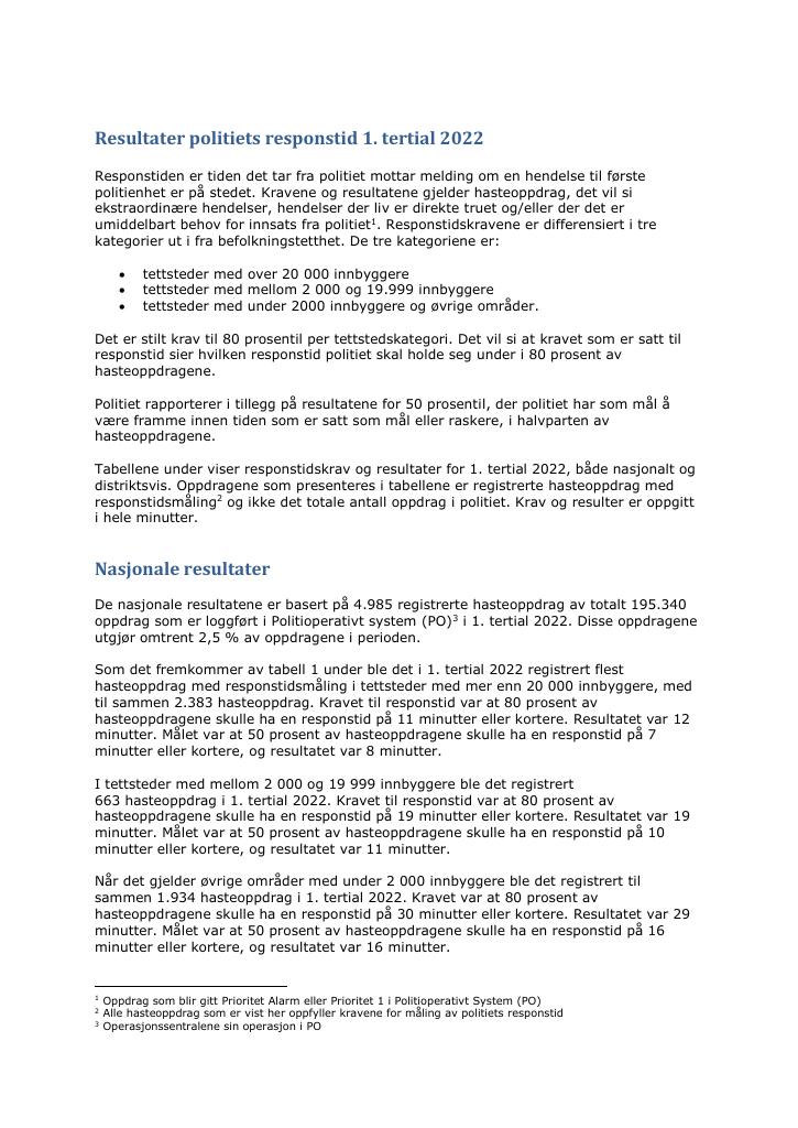 Forsiden av dokumentet Resultater politiets responstid 1. tertial 2022