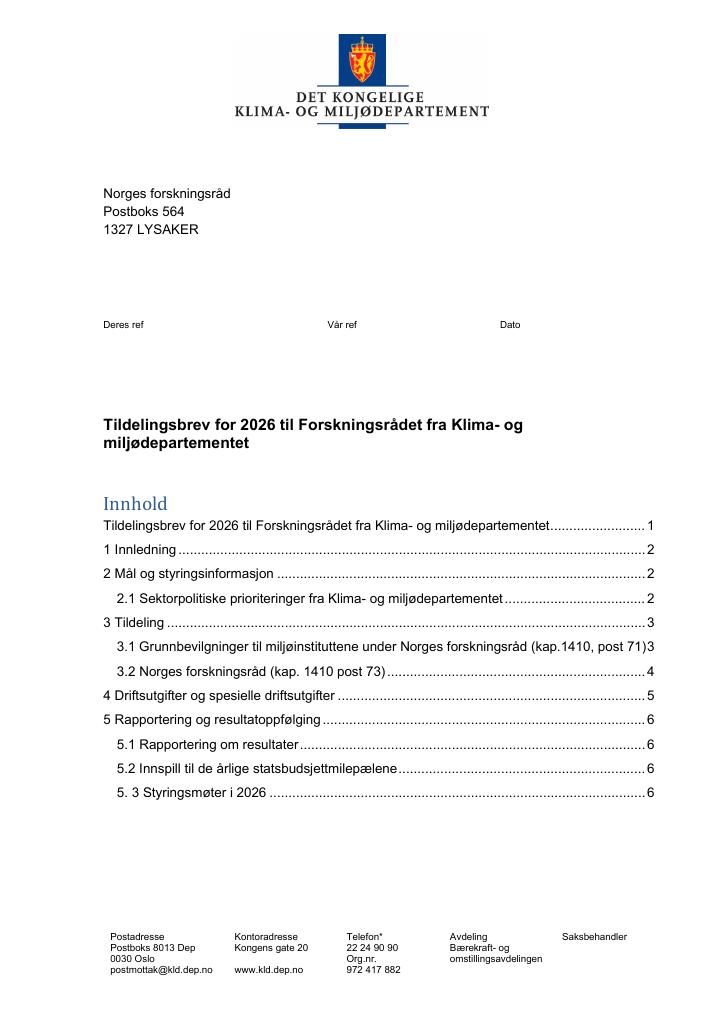 Forsiden av dokumentet Tildelingsbrev Norges forskningsråd 2026