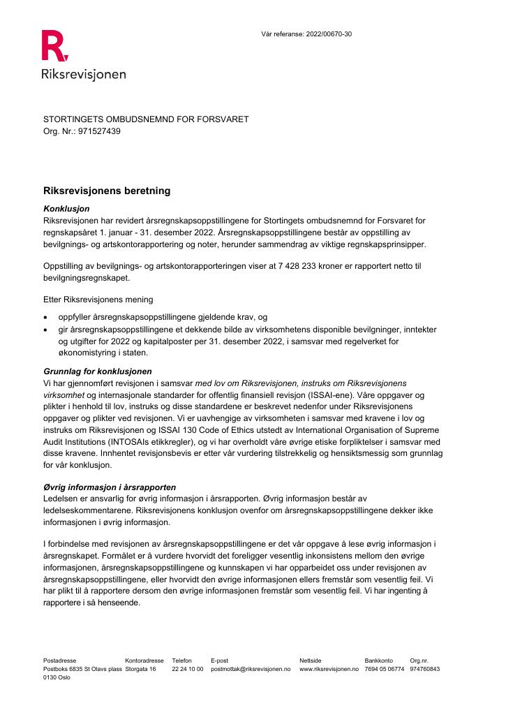 Forsiden av dokumentet Revisjonsberetning Stortingets ombudsnemnd for Forsvaret 2022