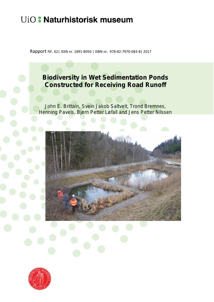 Forsiden av dokumentet Biodiversity in Wet Sedimentation Ponds Constructed for Receiving Road Runoff