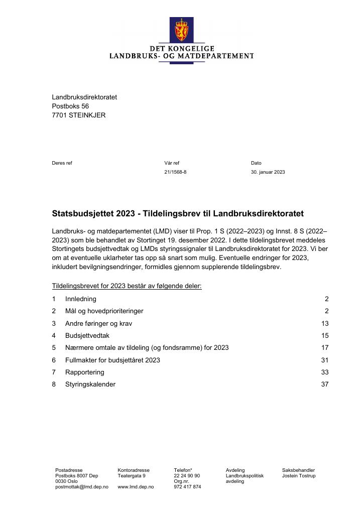 Forsiden av dokumentet Tildelingsbrev Landbruksdirektoratet 2023