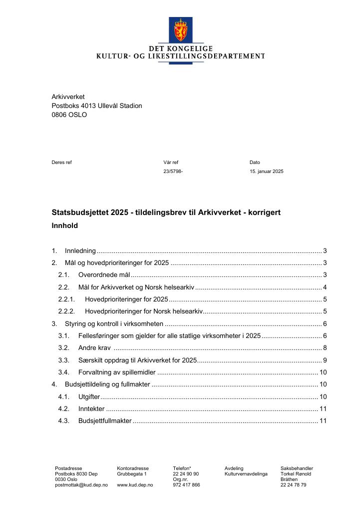 Forsiden av dokumentet Tildelingsbrev Arkivverket 2025 - korrigert