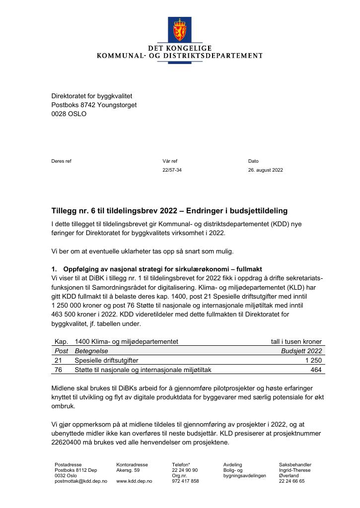 Forsiden av dokumentet Tildelingsbrev DiBK 2022 - tillegg nr. 6