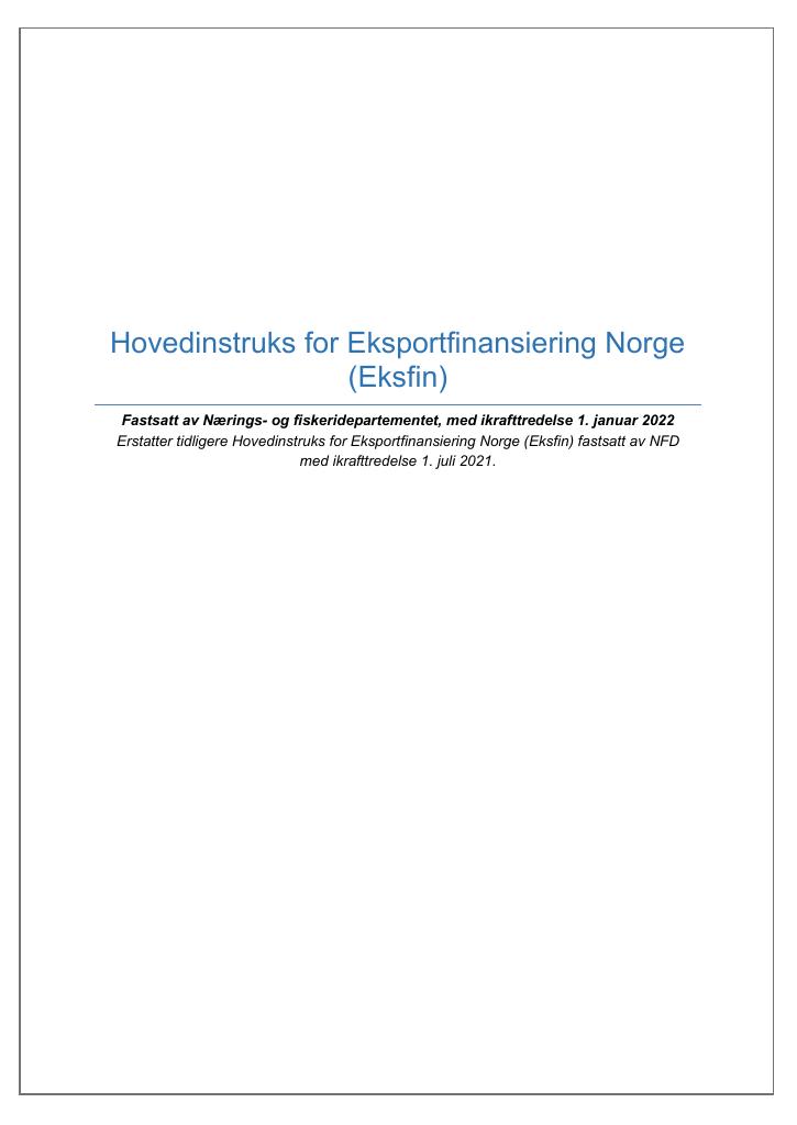 Forsiden av dokumentet Hovedinstruks Eksportfinansiering Norge 2022