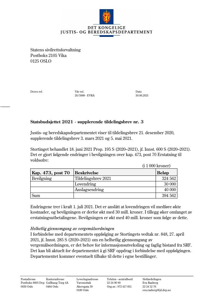 Forsiden av dokumentet Tildelingsbrev Statens sivilrettsforvaltning 2021 - tillegg nr. 3