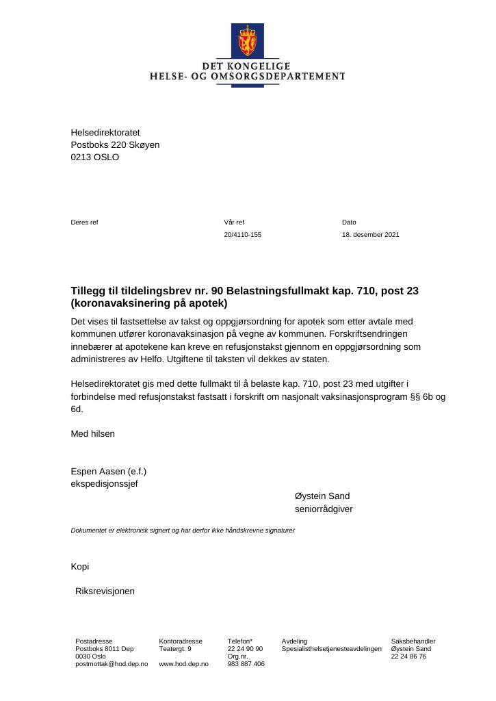 Forsiden av dokumentet Tildelingsbrev Helsedirektoratet 2021 - tillegg nr. 90