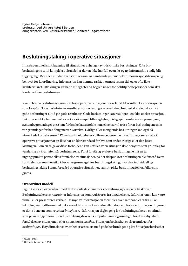 Forsiden av dokumentet Beslutningstaking i operative situasjoner