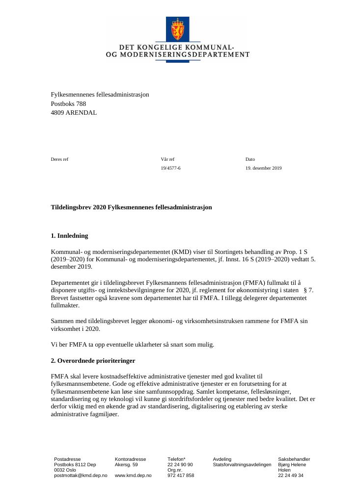 Forsiden av dokumentet Tildelingsbrev Fylkesmennenes fellesadministrasjon 2020