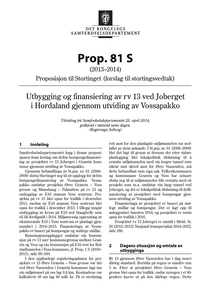 Forsiden av dokumentet Prop. 81 S (2013–2014)