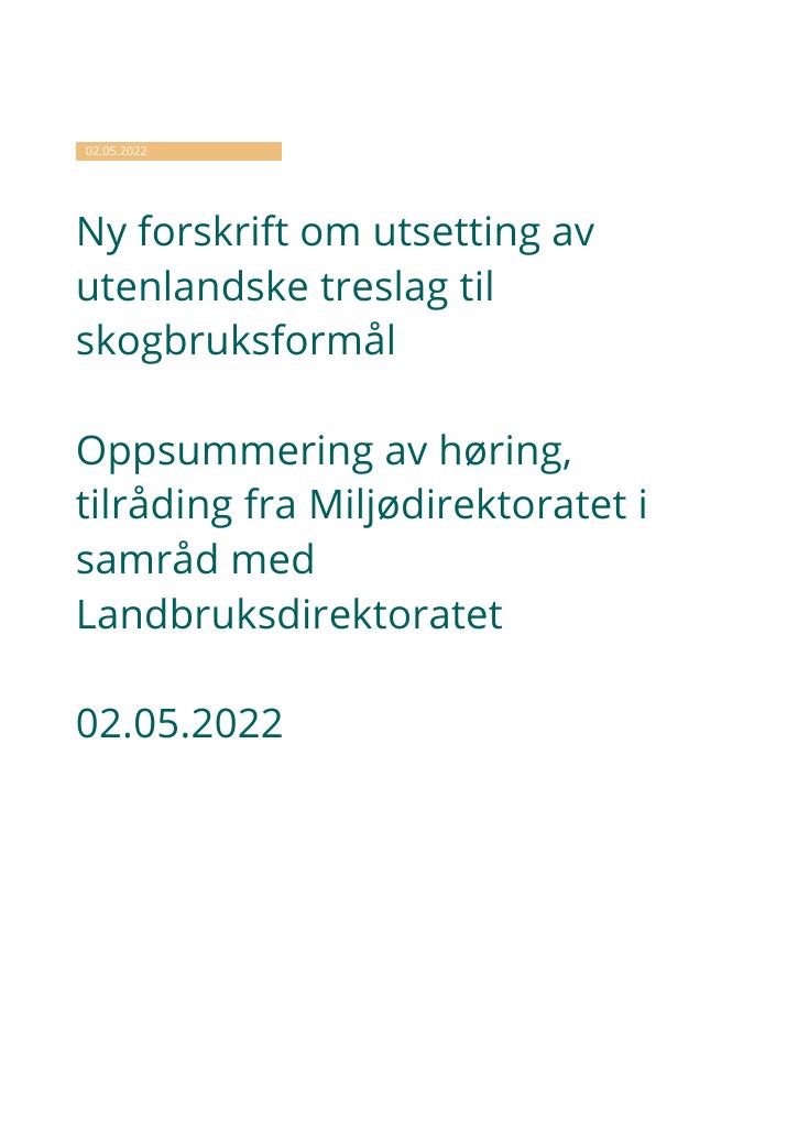 Forsiden av dokumentet Tilråding: Ny forskrift om utsetting av utenlandske treslag til skogbruksformål
