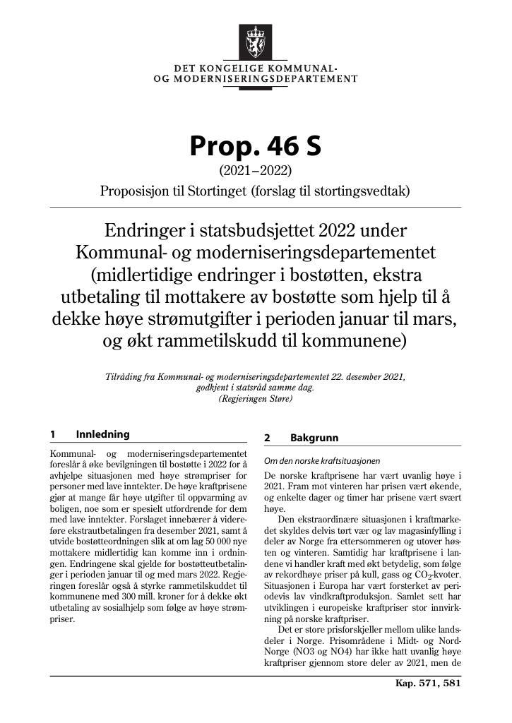 Forsiden av dokumentet Prop. 46 S (2021–2022)