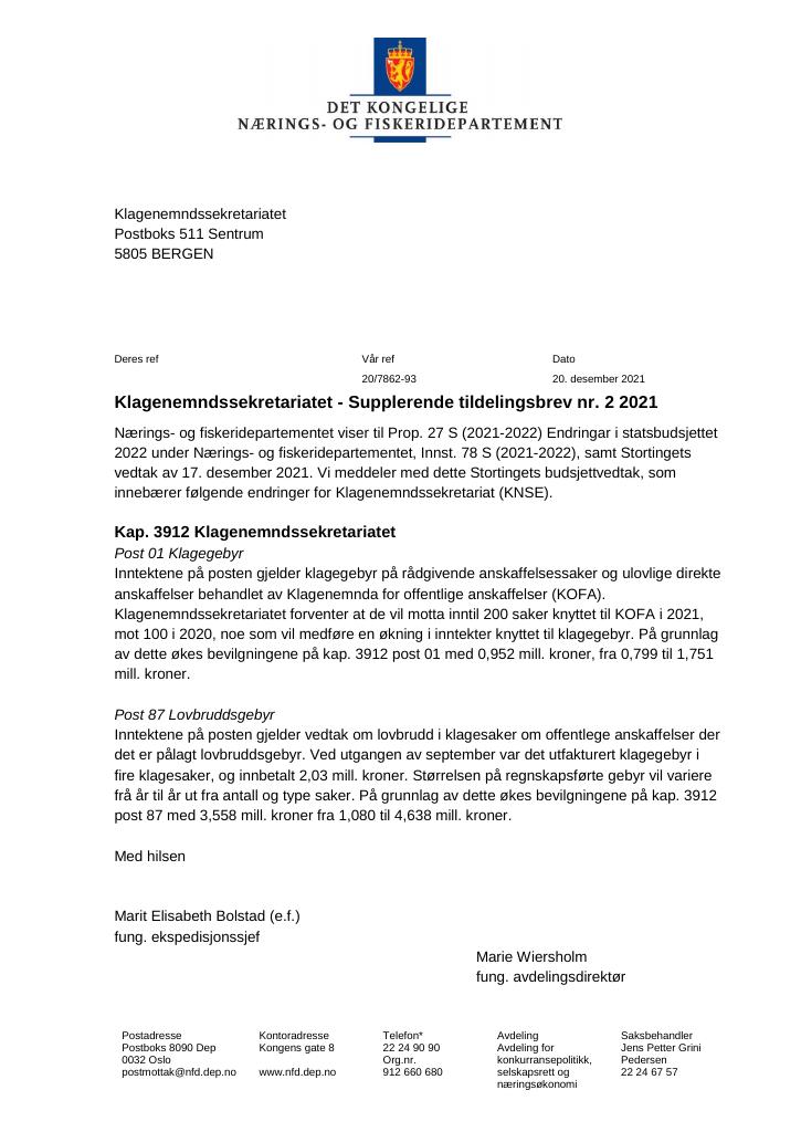 Tildelingsbrev Klagenemndssekretariatet 2021 - Tillegg Nr. 2 - Kudos