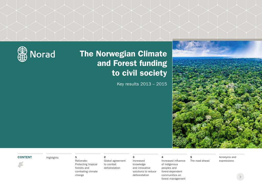 Forsiden av dokumentet The Norwegian Climate and Forest funding to civil society - Key results 2013 – 2015