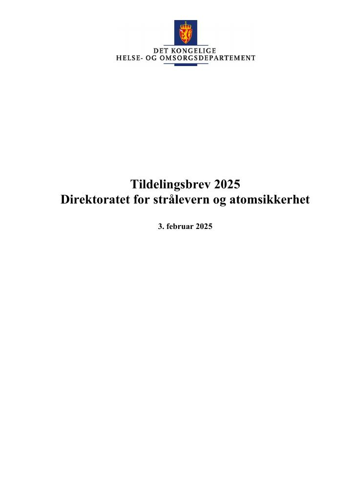 Forsiden av dokumentet Tildelingsbrev Direktoratet for strålevern og atomsikkerhet 2025