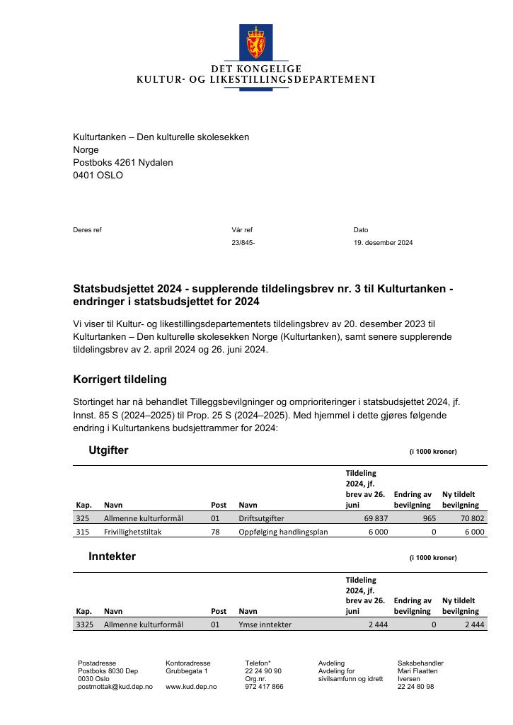 Forsiden av dokumentet Tildelingsbrev Kulturtanken - Den kulturelle skolesekken 2024 - tillegg nr. 3