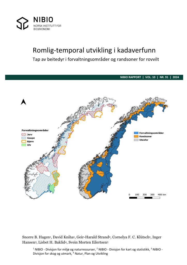 Forsiden av dokumentet Romlig-temporal utvikling i kadaverfunn: Tap av beitedyr i forvaltningsområder og randsoner for rovvilt
