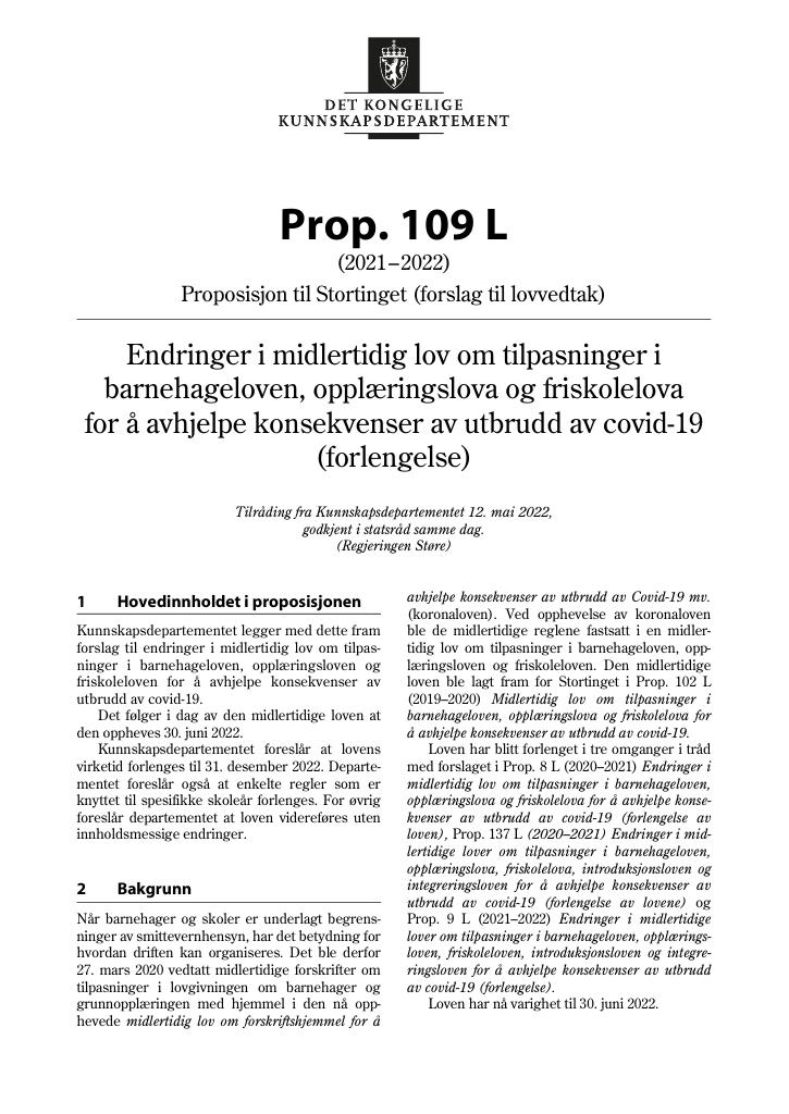 Forsiden av dokumentet Prop. 109 L (2021–2022)