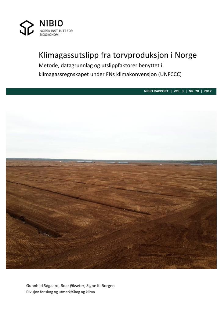 Forsiden av dokumentet Klimagassutslipp fra torvproduksjon i Norge - Metode, datagrunnlag og utslippfaktorer benyttet i klimagassregnskapet under FNs klimakonvensjon (UNFCCC)